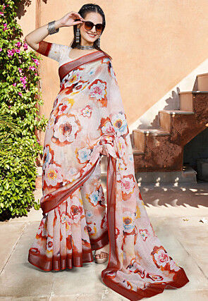 Digital Printed Linen Cotton Saree in Cream