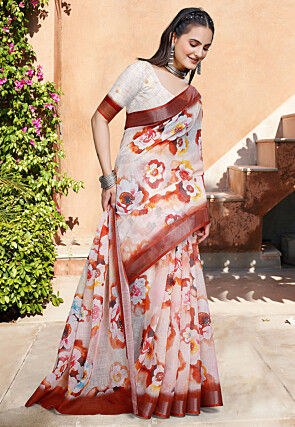 Digital Printed Linen Cotton Saree in Cream