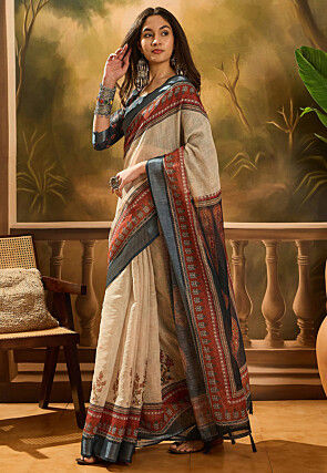 Digital Printed Linen Cotton Saree in Cream