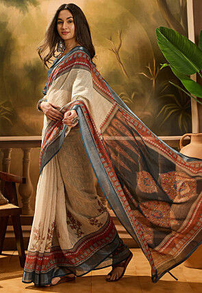 Digital Printed Linen Cotton Saree in Cream