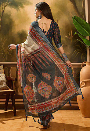 Digital Printed Linen Cotton Saree in Cream