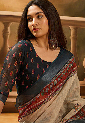 Digital Printed Linen Cotton Saree in Cream