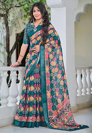 Digital Printed Linen Cotton Saree in Dark Teal Green