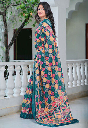 Digital Printed Linen Cotton Saree in Dark Teal Green