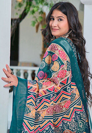 Digital Printed Linen Cotton Saree in Dark Teal Green