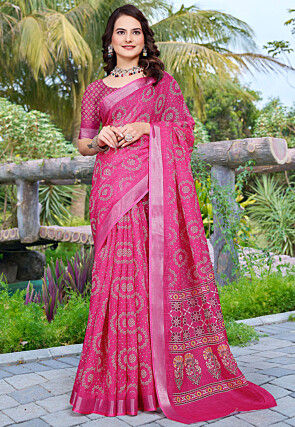 Digital Printed Linen Cotton Saree in Fuchsia