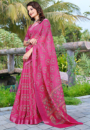 Digital Printed Linen Cotton Saree in Fuchsia