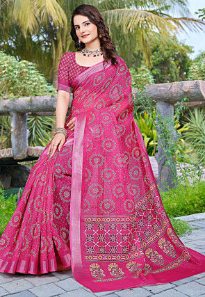 Digital Printed Linen Cotton Saree in Fuchsia