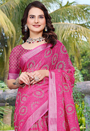 Digital Printed Linen Cotton Saree in Fuchsia
