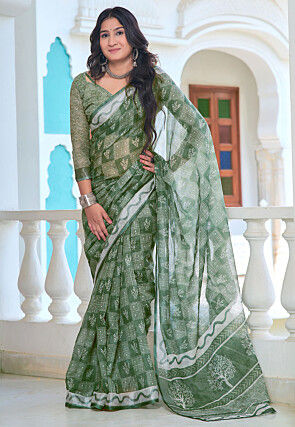 Digital Printed Linen Cotton Saree in Green