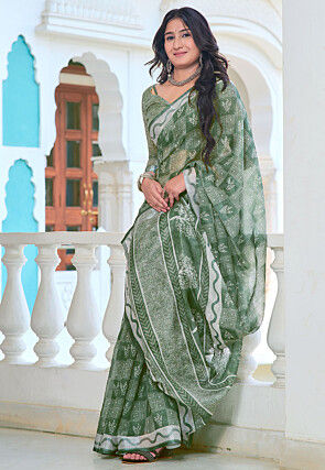 Digital Printed Linen Cotton Saree in Green