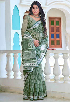 Digital Printed Linen Cotton Saree in Green