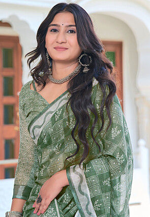 Digital Printed Linen Cotton Saree in Green