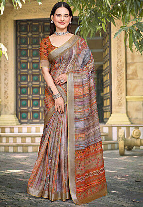 Digital Printed Linen Cotton Saree in Grey