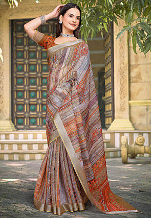 Digital Printed Linen Cotton Saree in Grey