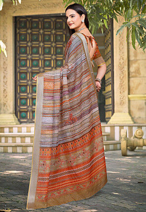 Digital Printed Linen Cotton Saree in Grey