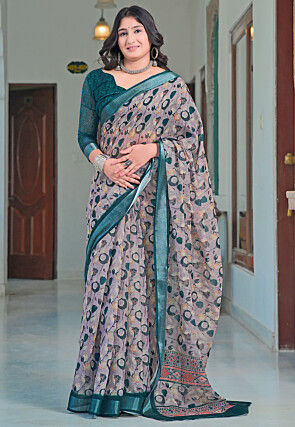 Digital Printed Linen Cotton Saree in Grey