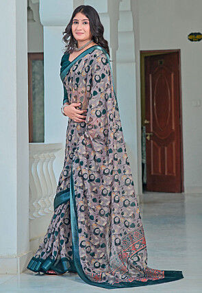 Digital Printed Linen Cotton Saree in Grey
