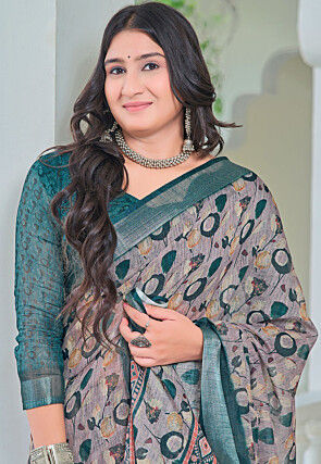 Digital Printed Linen Cotton Saree in Grey