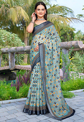 Digital Printed Linen Cotton Saree in Blue