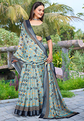 Digital Printed Linen Cotton Saree in Blue