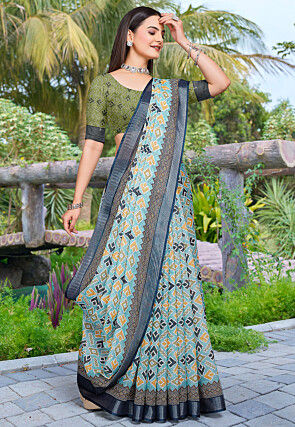 Digital Printed Linen Cotton Saree in Blue