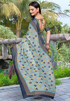 Digital Printed Linen Cotton Saree in Blue