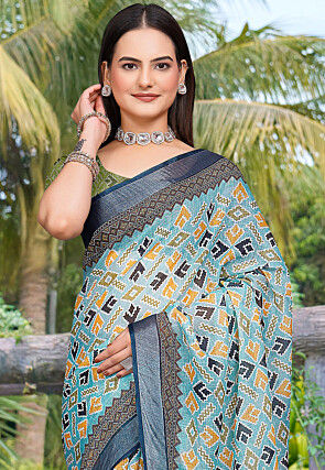 Digital Printed Linen Cotton Saree in Blue