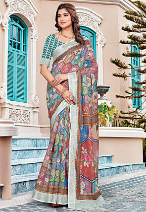 Digital Printed Linen Cotton Saree in Multicolor