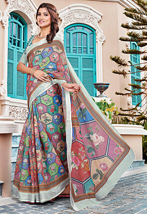 Digital Printed Linen Cotton Saree in Multicolor