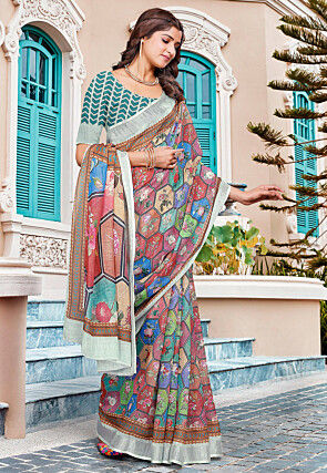 Digital Printed Linen Cotton Saree in Multicolor