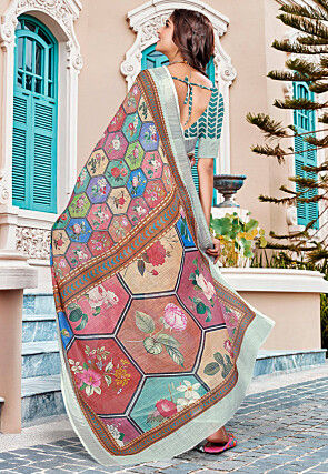 Digital Printed Linen Cotton Saree in Multicolor