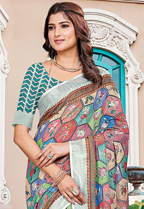Digital Printed Linen Cotton Saree in Multicolor