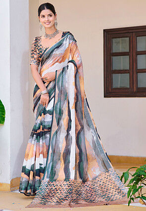 Digital Printed Linen Cotton Saree in Multicolor