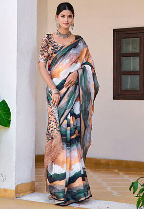 Digital Printed Linen Cotton Saree in Multicolor