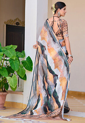 Digital Printed Linen Cotton Saree in Multicolor
