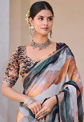 Digital Printed Linen Cotton Saree in Multicolor