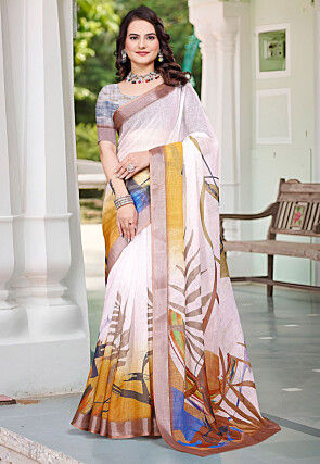 Digital Printed Linen Cotton Saree in Off White