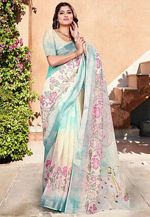 Digital Printed Linen Cotton Saree in Off White