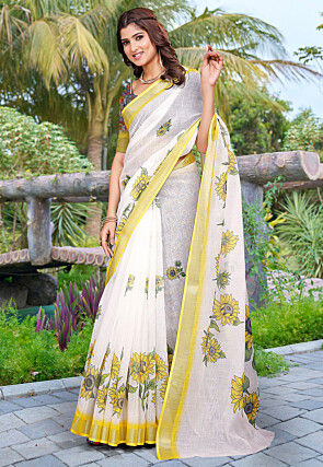 Digital Printed Linen Cotton Saree in Off White