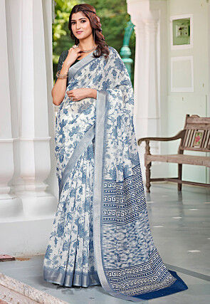 Digital Printed Linen Cotton Saree in Off White