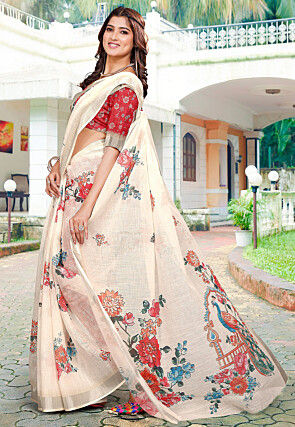 Digital Printed Linen Cotton Saree in Off White