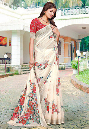 Digital Printed Linen Cotton Saree in Off White