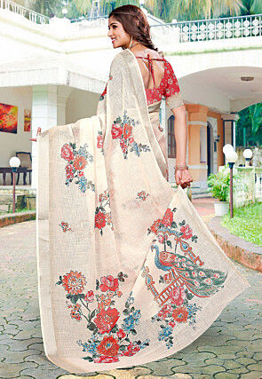 Digital Printed Linen Cotton Saree in Off White