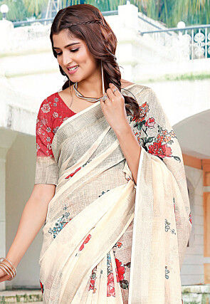 Digital Printed Linen Cotton Saree in Off White