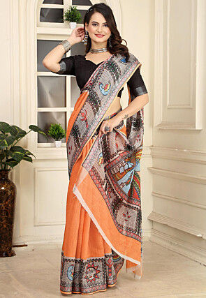 Digital Printed Linen Cotton Saree in Orange