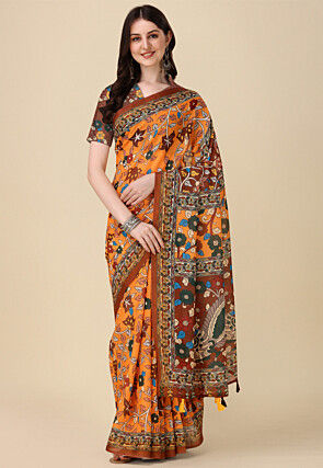 Digital Printed Linen Cotton Saree in Orange