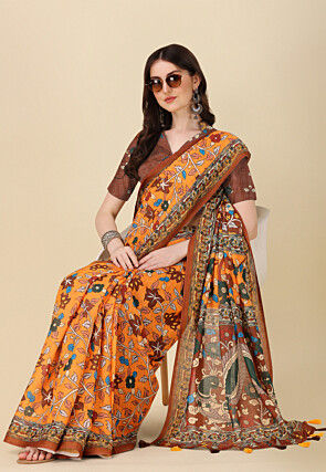 Digital Printed Linen Cotton Saree in Orange