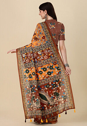 Digital Printed Linen Cotton Saree in Orange