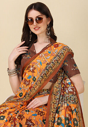 Digital Printed Linen Cotton Saree in Orange